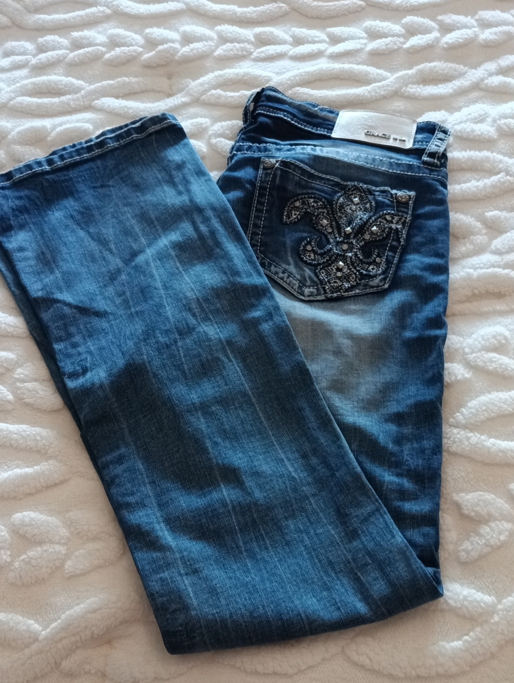 Grace in LA Dark Blue Bootcut Jeans with Embellished Pocket